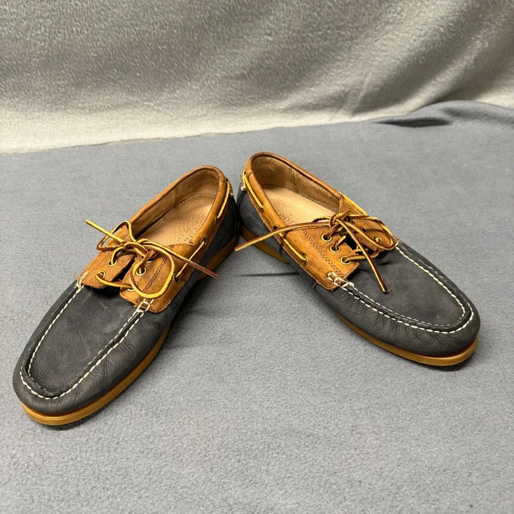Polo Ralph Lauren Boat Shoes Mens 9 D Bienne II Navy Blue Tan Leather Loafers